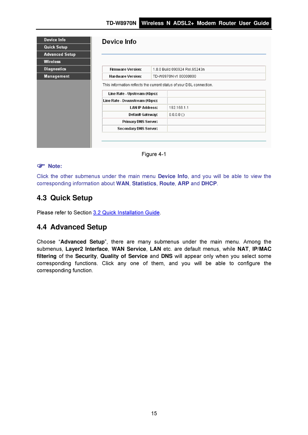 TP-Link TD-W8970N manual Quick Setup, Advanced Setup 