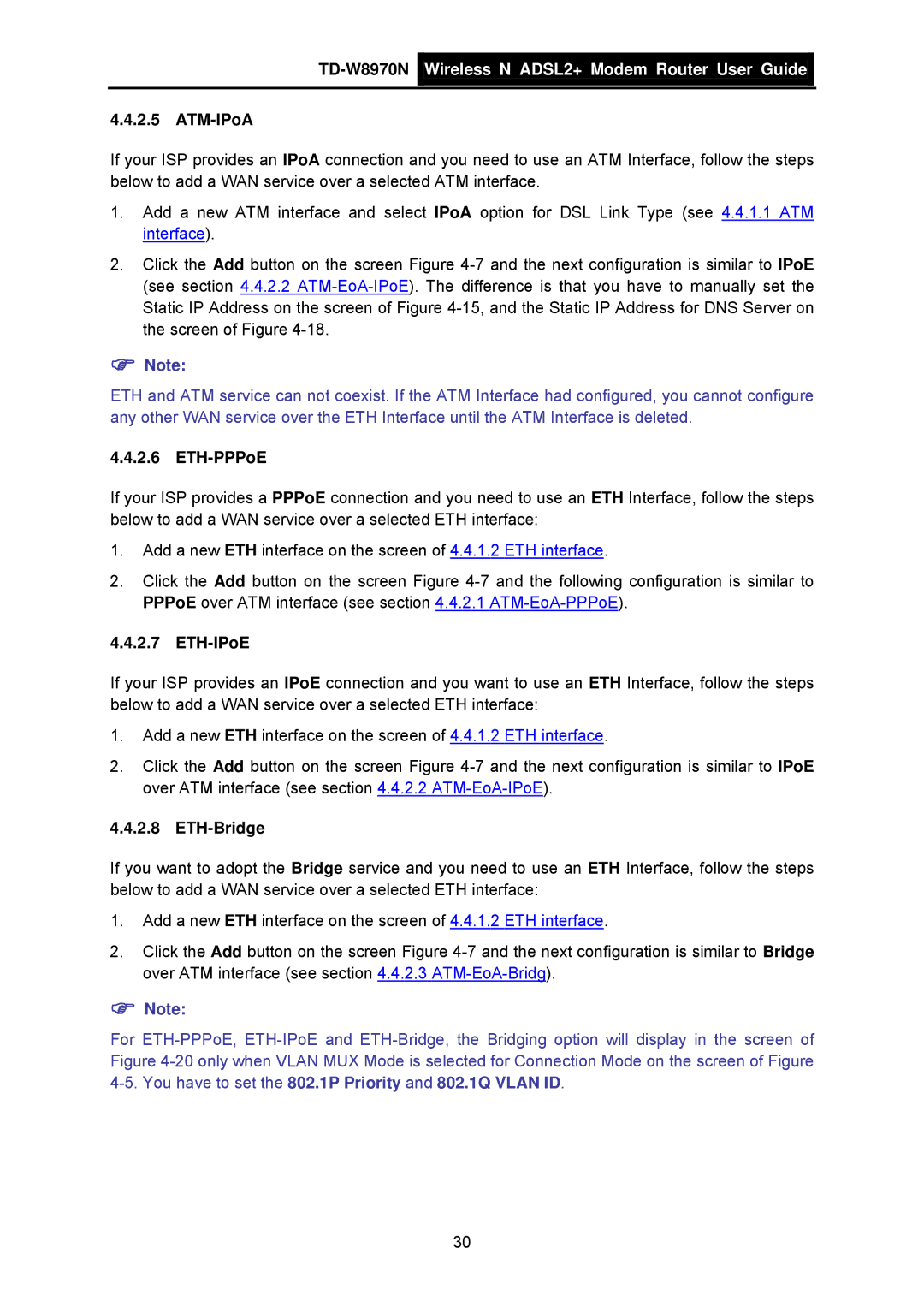 TP-Link TD-W8970N manual ATM-IPoA, ETH-PPPoE, ETH-IPoE, ETH-Bridge 