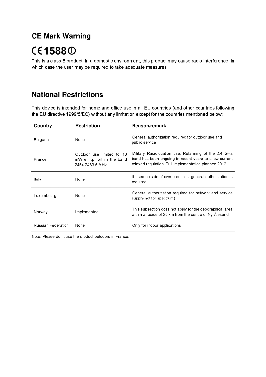 TP-Link TD-W8970N manual CE Mark Warning, Country Restriction Reason/remark 