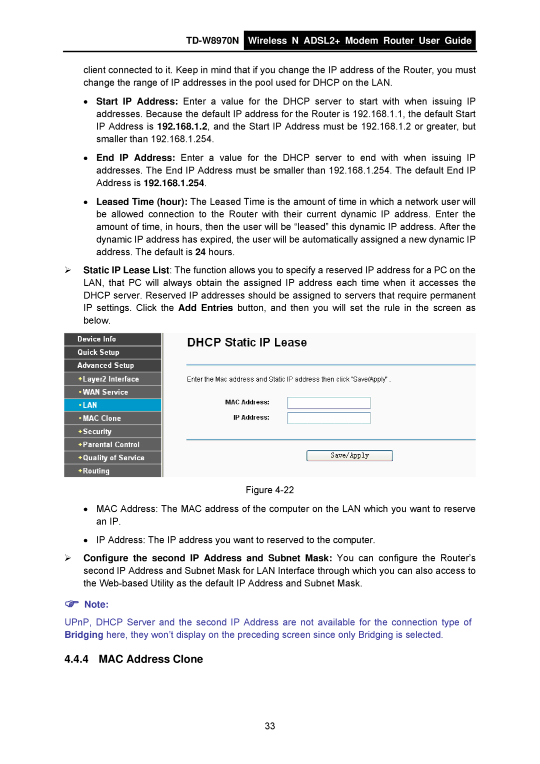 TP-Link TD-W8970N manual MAC Address Clone 