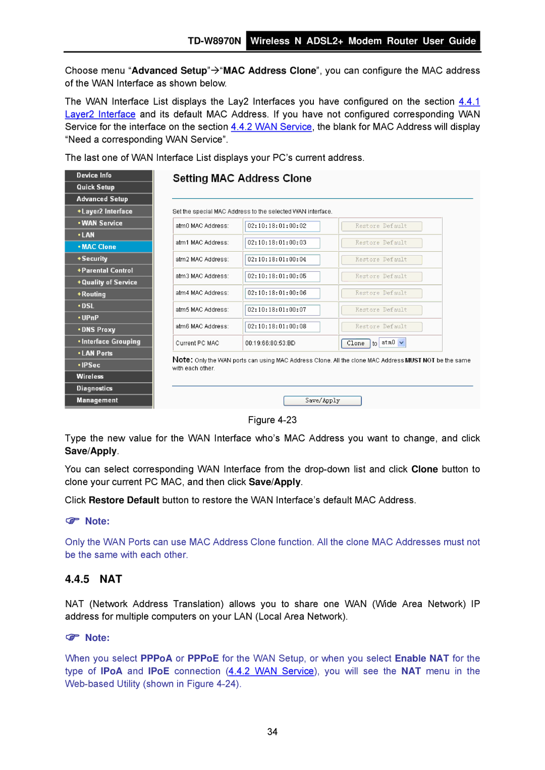 TP-Link TD-W8970N manual 5 NAT 