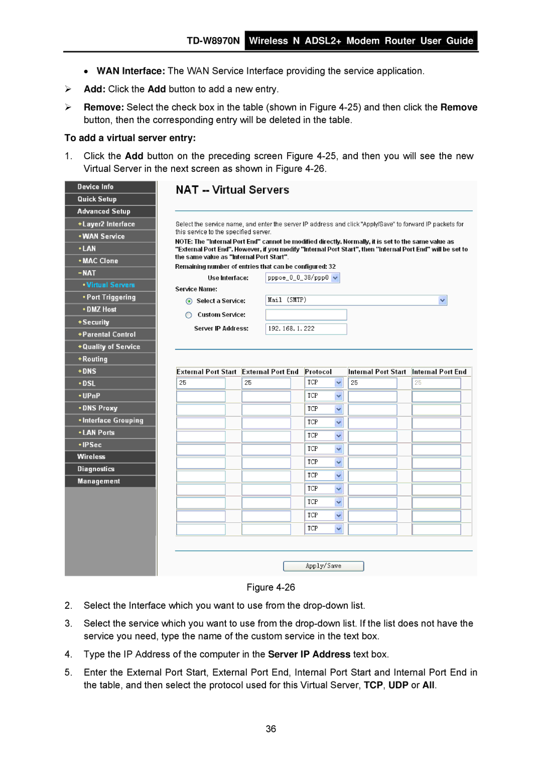 TP-Link TD-W8970N manual To add a virtual server entry 