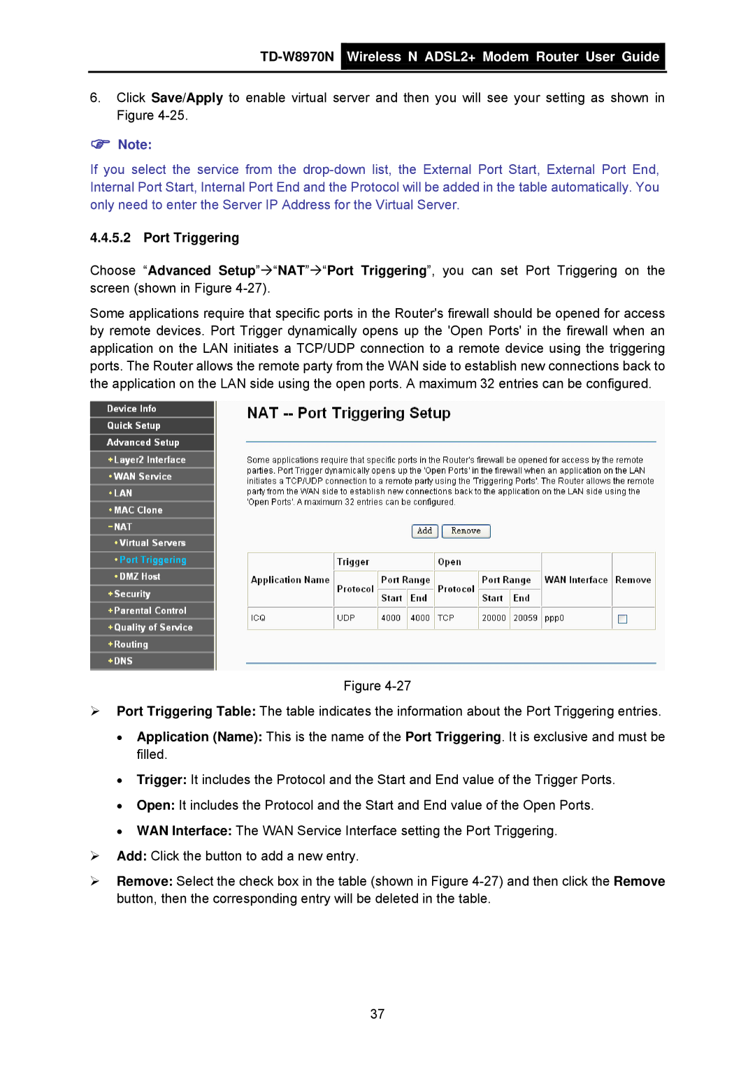 TP-Link TD-W8970N manual Port Triggering 