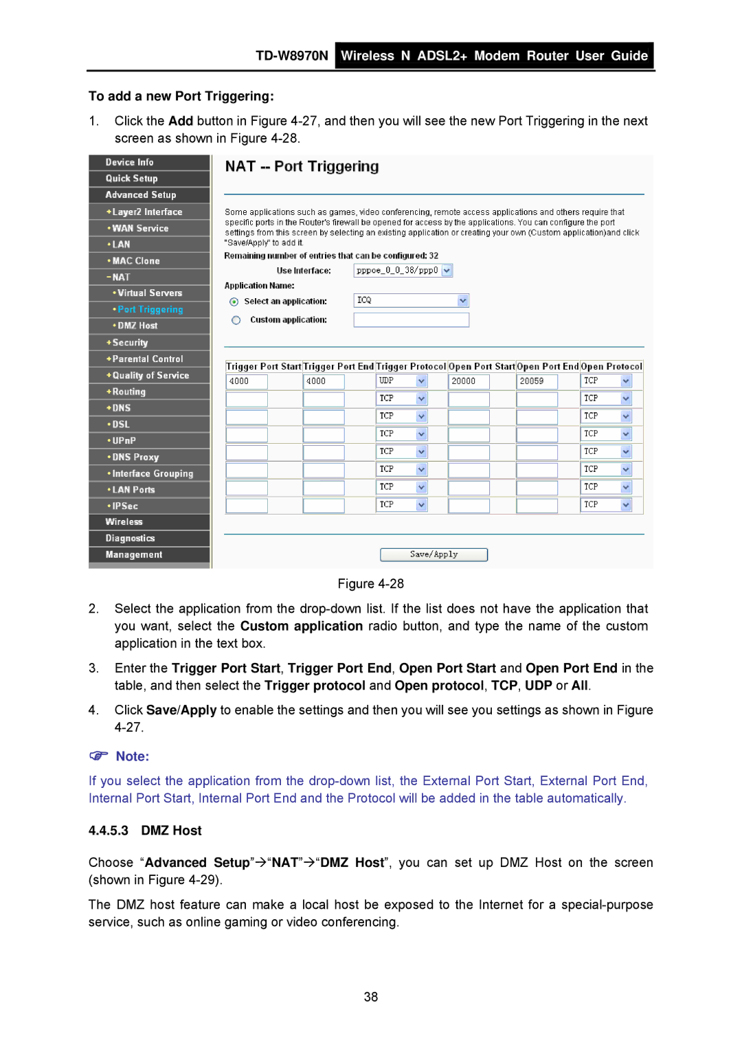 TP-Link TD-W8970N manual To add a new Port Triggering, DMZ Host 