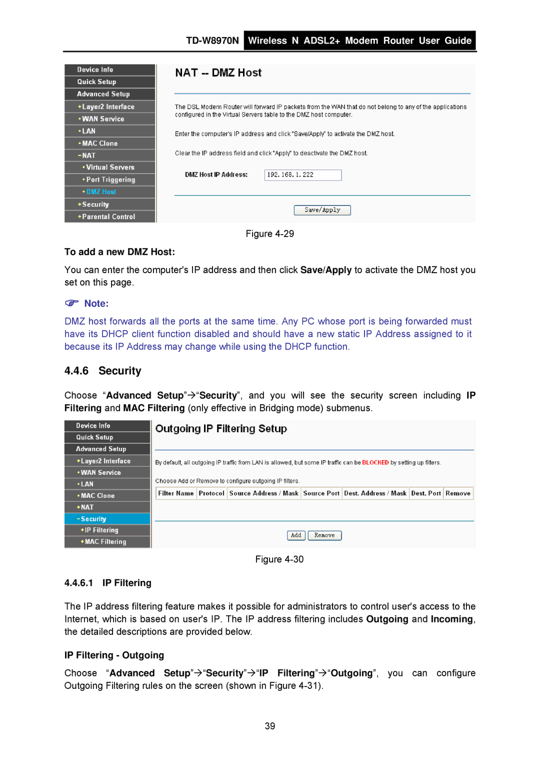 TP-Link TD-W8970N manual Security, To add a new DMZ Host, IP Filtering 