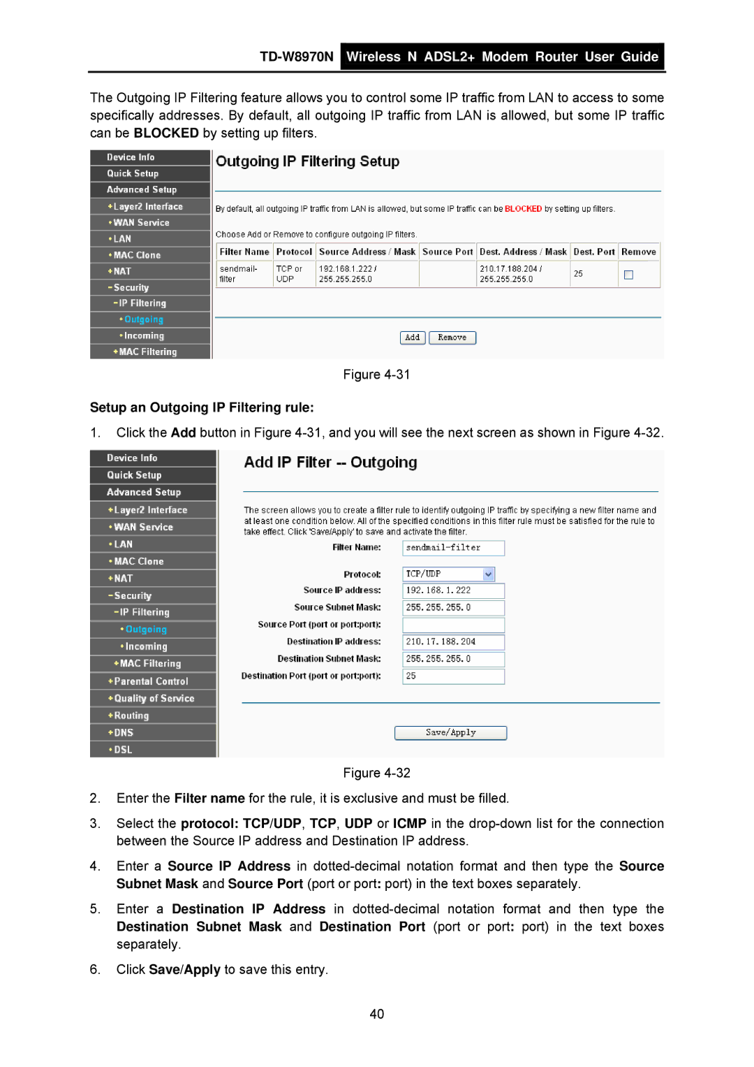 TP-Link TD-W8970N manual Setup an Outgoing IP Filtering rule 