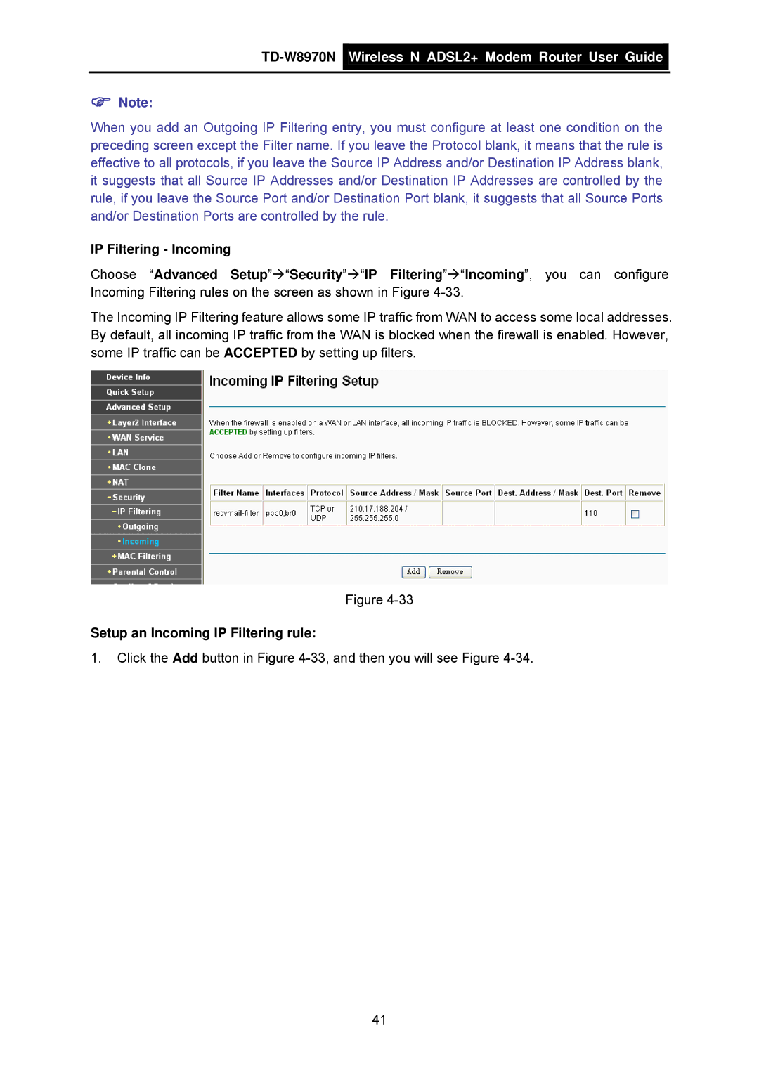 TP-Link TD-W8970N manual Setup an Incoming IP Filtering rule 