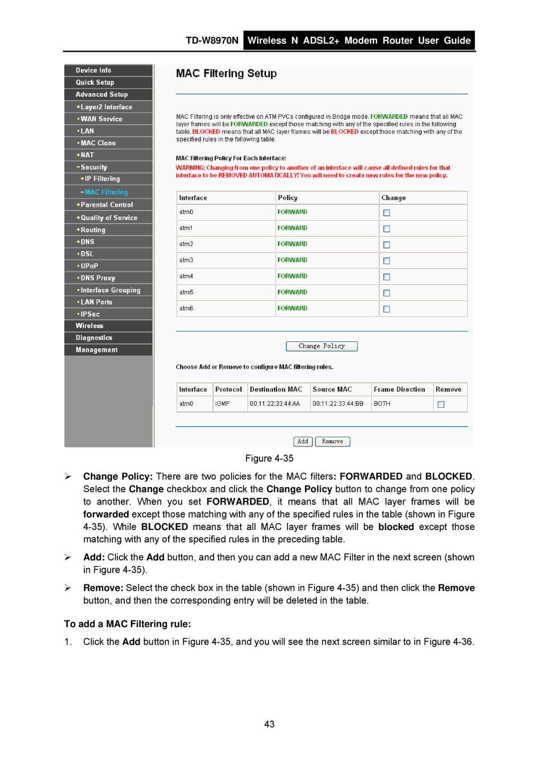 TP-Link TD-W8970N manual To add a MAC Filtering rule 