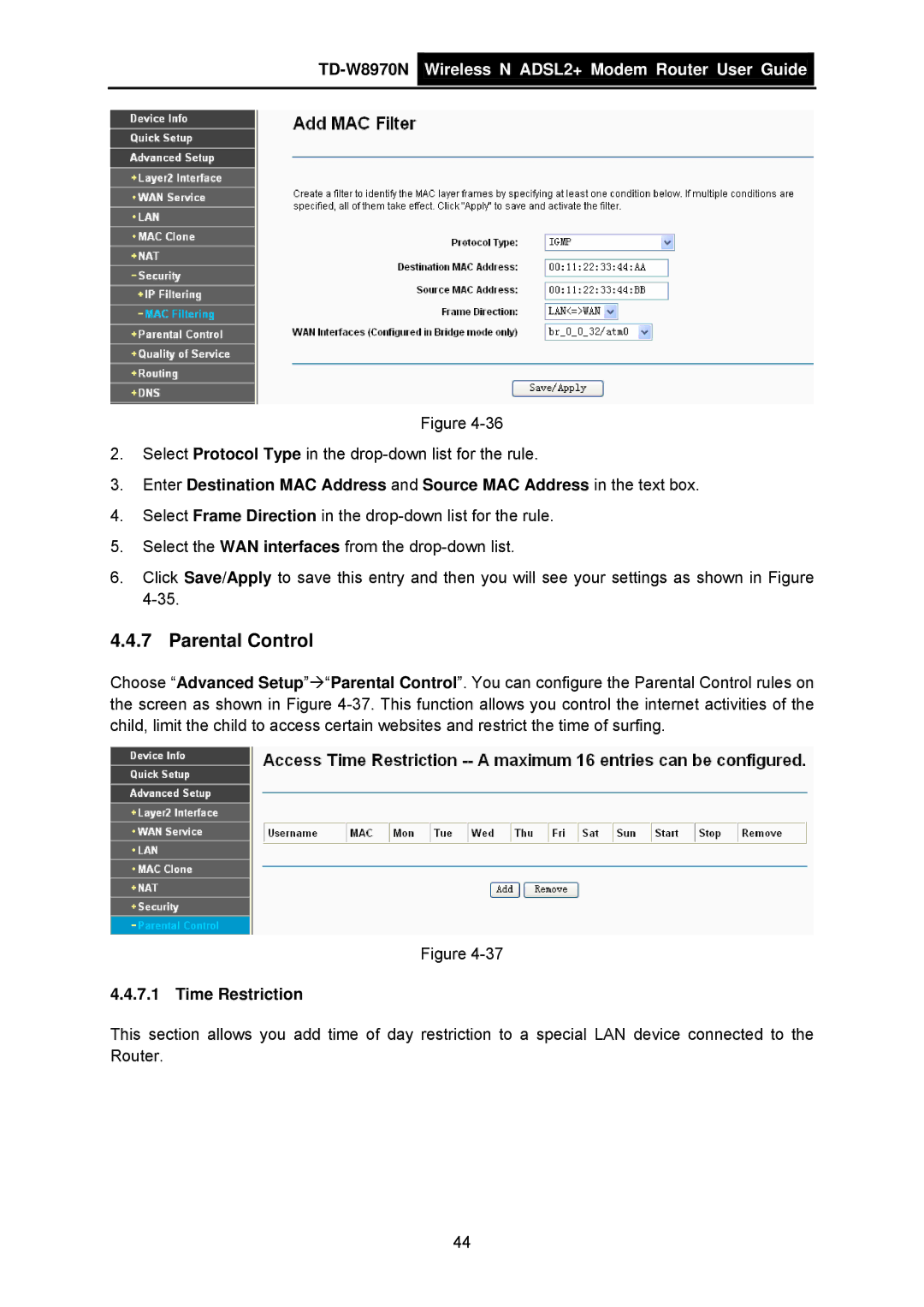 TP-Link TD-W8970N manual Parental Control, Time Restriction 