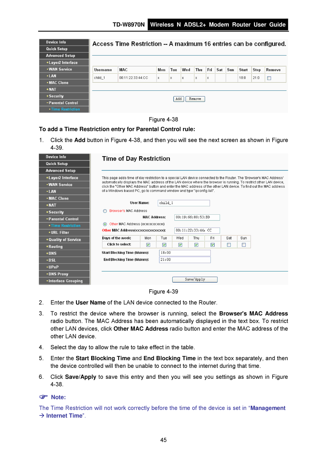 TP-Link TD-W8970N manual To add a Time Restriction entry for Parental Control rule 