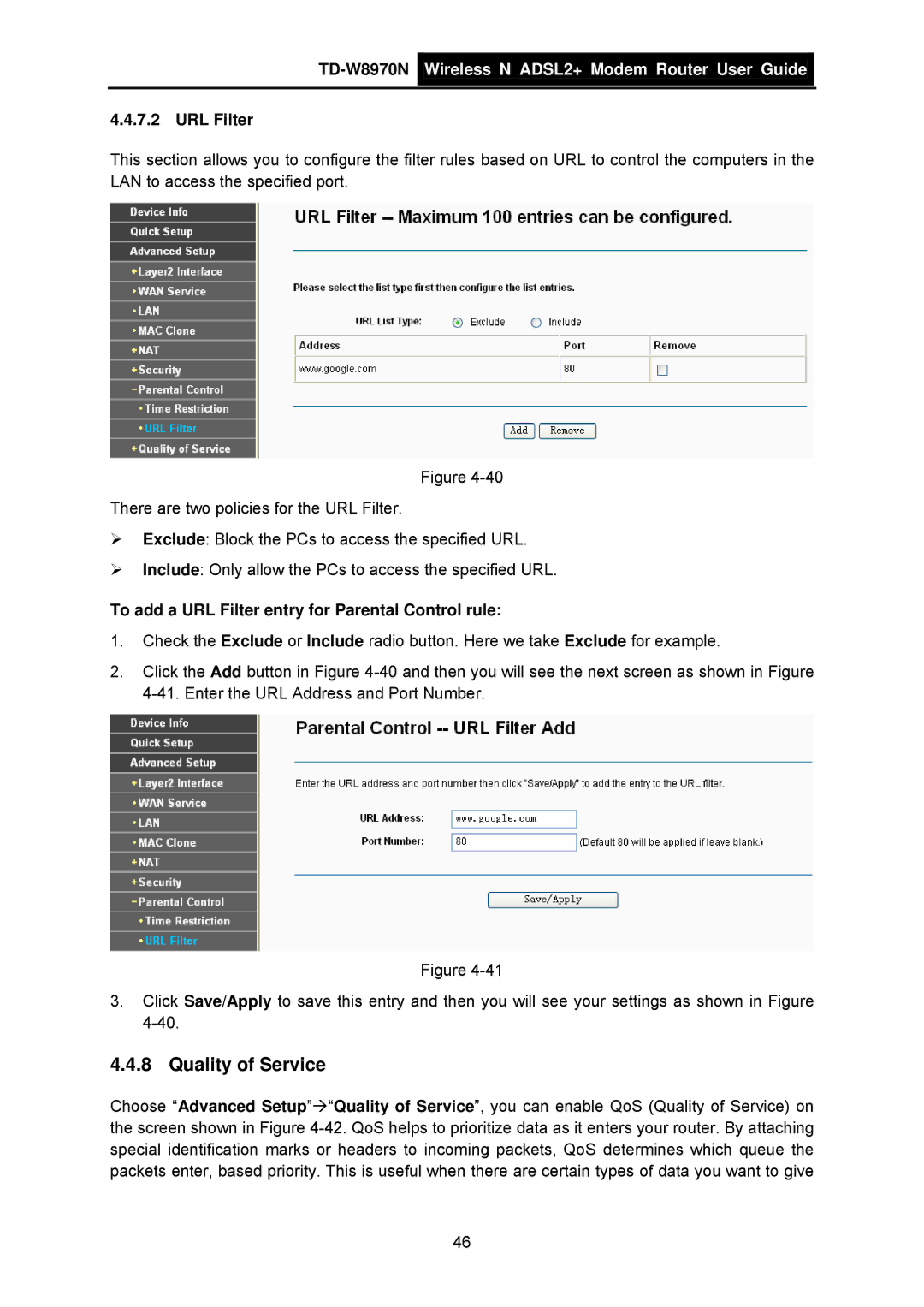 TP-Link TD-W8970N manual Quality of Service, To add a URL Filter entry for Parental Control rule 