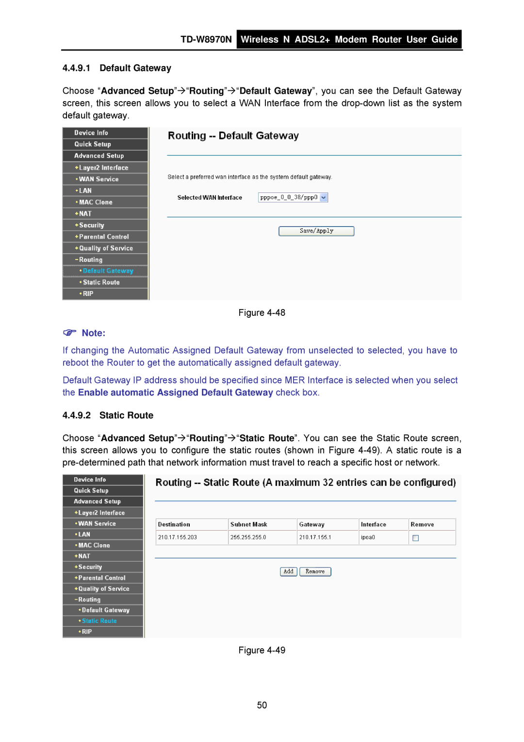 TP-Link TD-W8970N manual Default Gateway, Static Route 