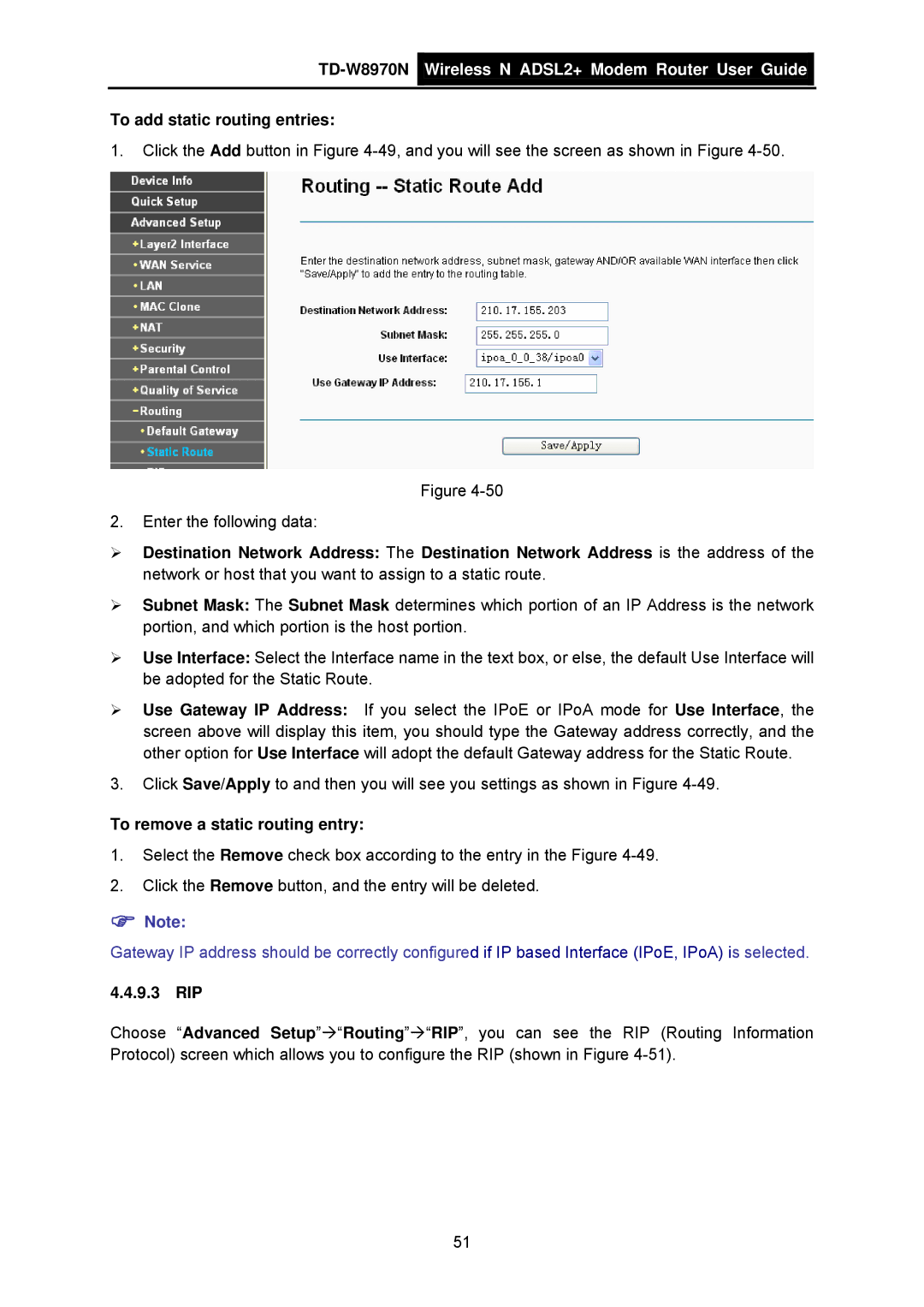 TP-Link TD-W8970N manual To add static routing entries, To remove a static routing entry, 9.3 RIP 