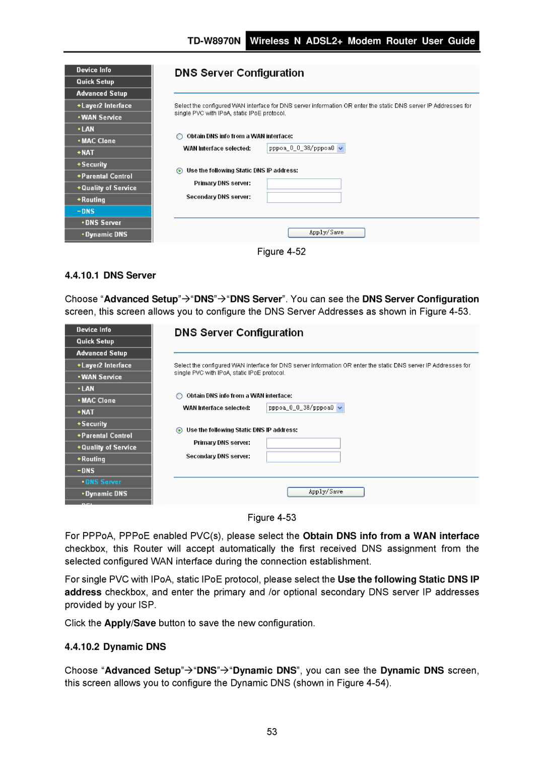 TP-Link TD-W8970N manual DNS Server, Dynamic DNS 