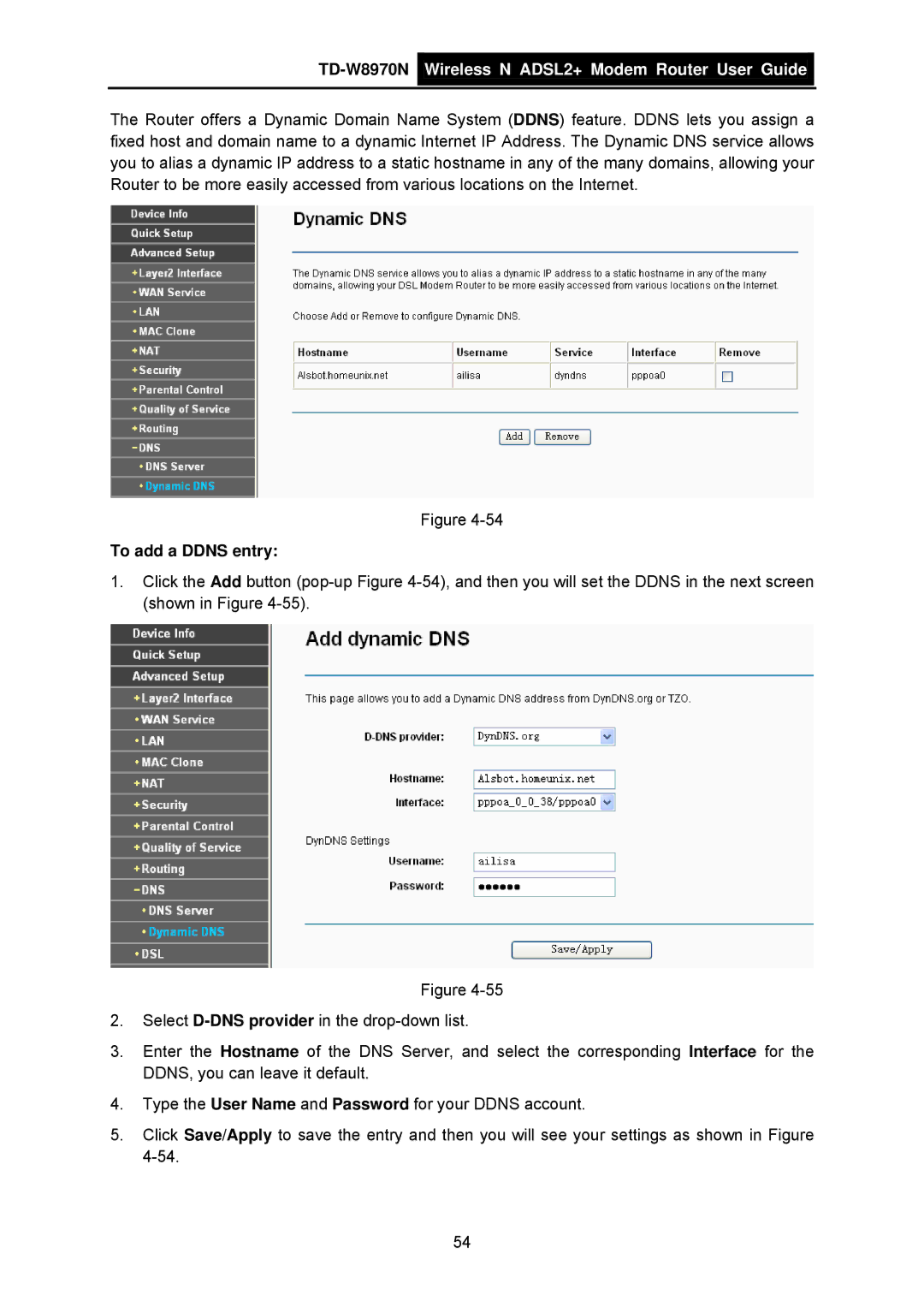 TP-Link TD-W8970N manual To add a Ddns entry 