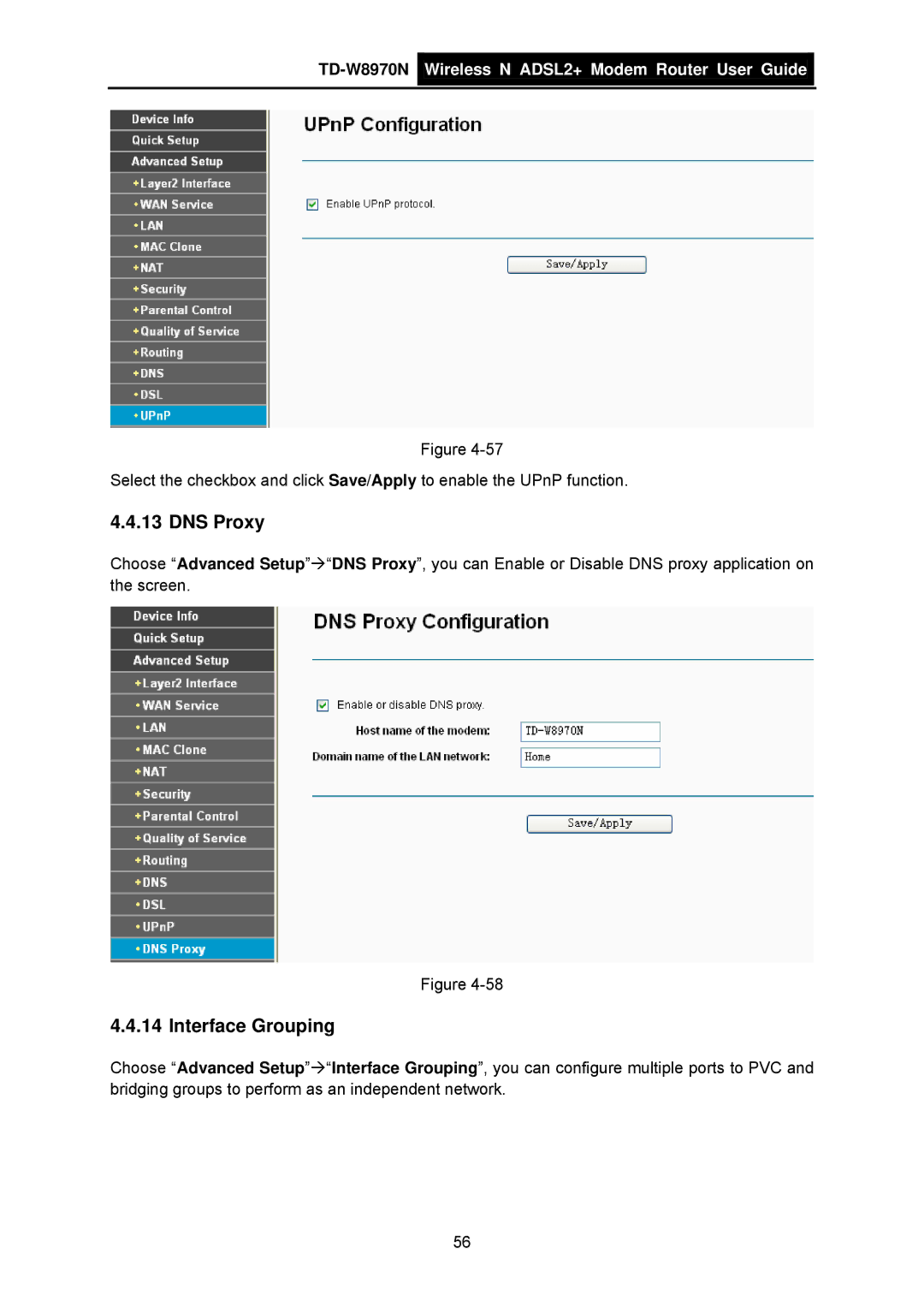 TP-Link TD-W8970N manual DNS Proxy, Interface Grouping 