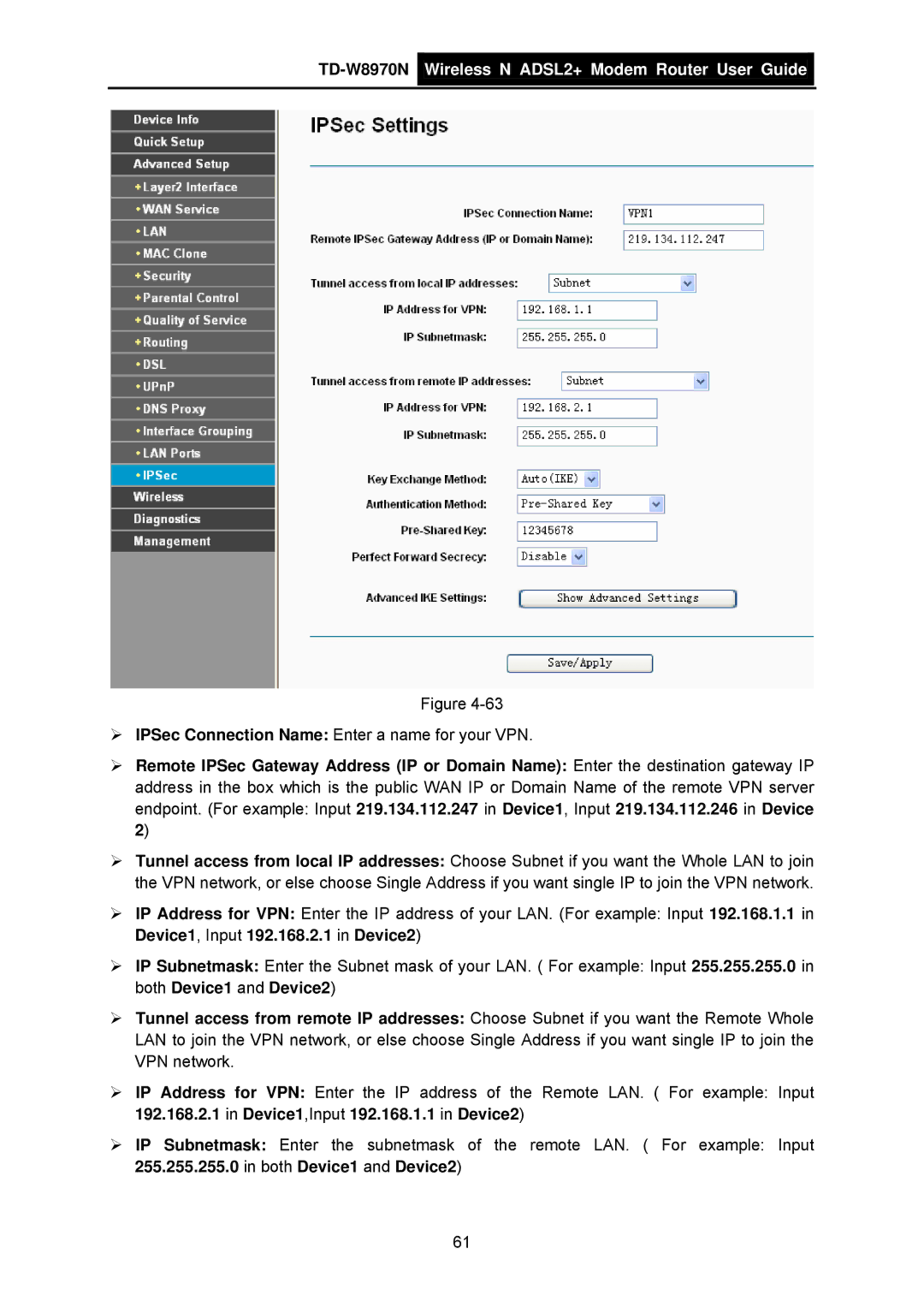 TP-Link TD-W8970N manual ¾ IPSec Connection Name Enter a name for your VPN 