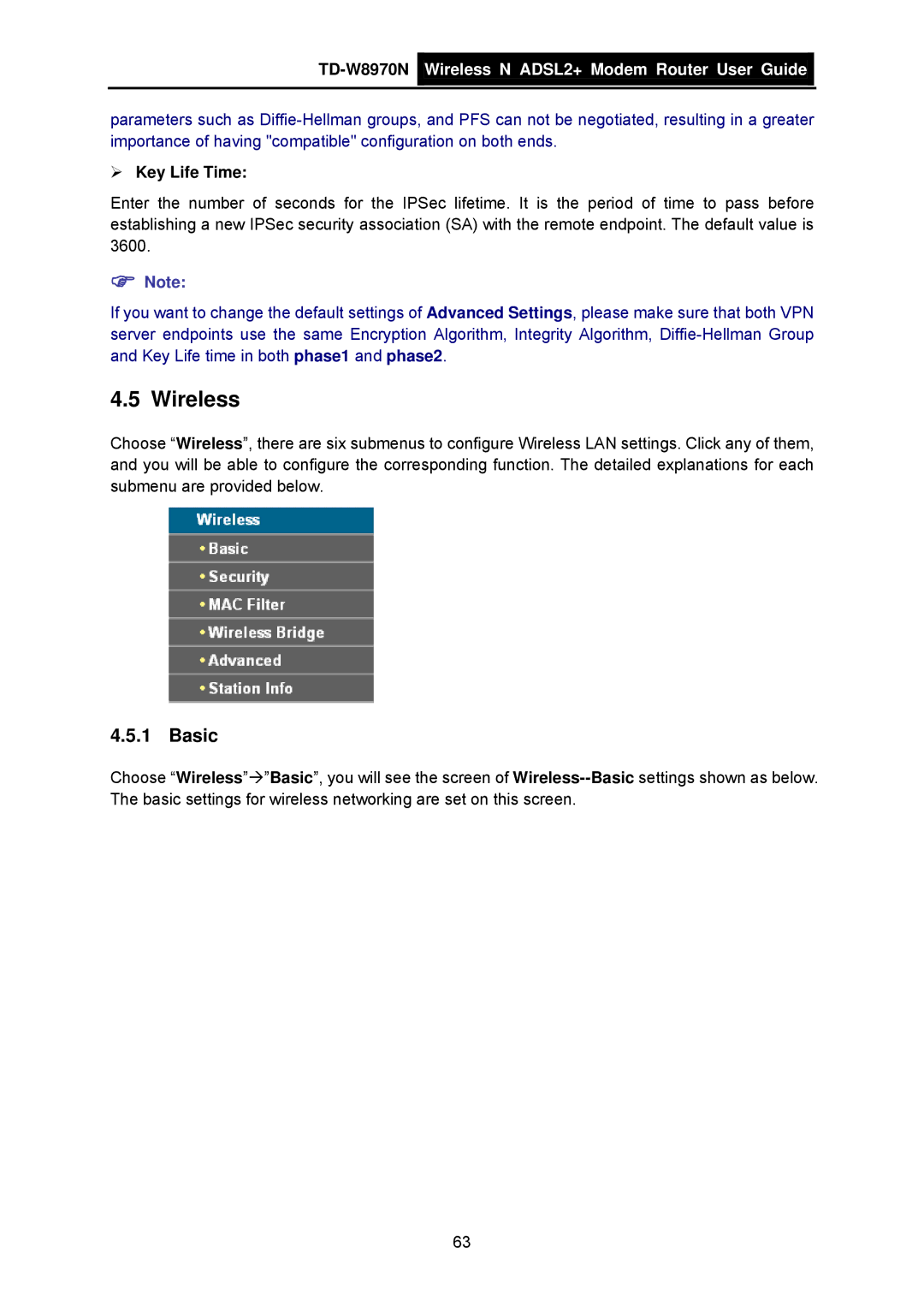 TP-Link TD-W8970N manual Wireless, Basic, ¾ Key Life Time 
