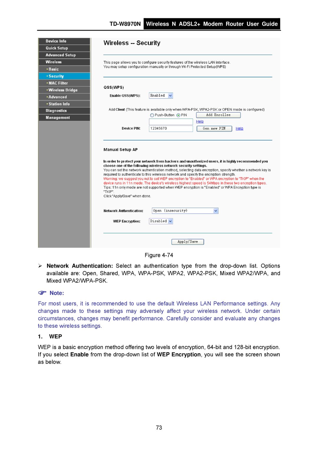 TP-Link TD-W8970N manual Wep 