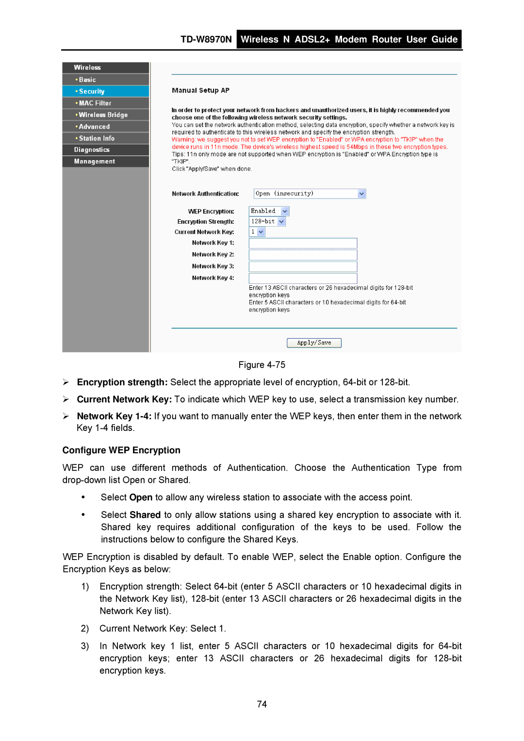 TP-Link TD-W8970N manual Configure WEP Encryption 