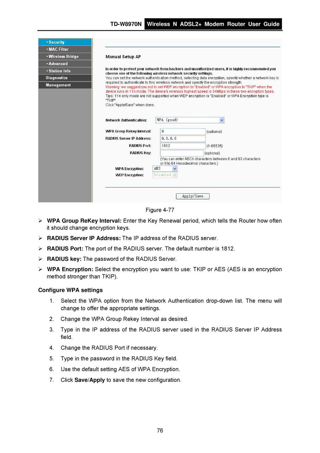 TP-Link TD-W8970N manual Configure WPA settings 