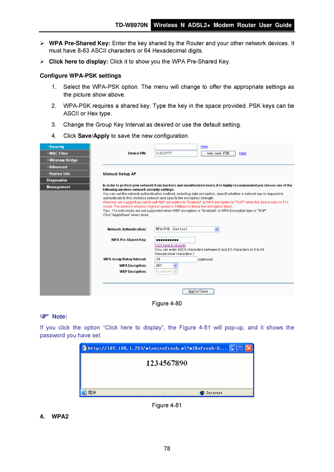 TP-Link TD-W8970N manual Configure WPA-PSK settings, WPA2 