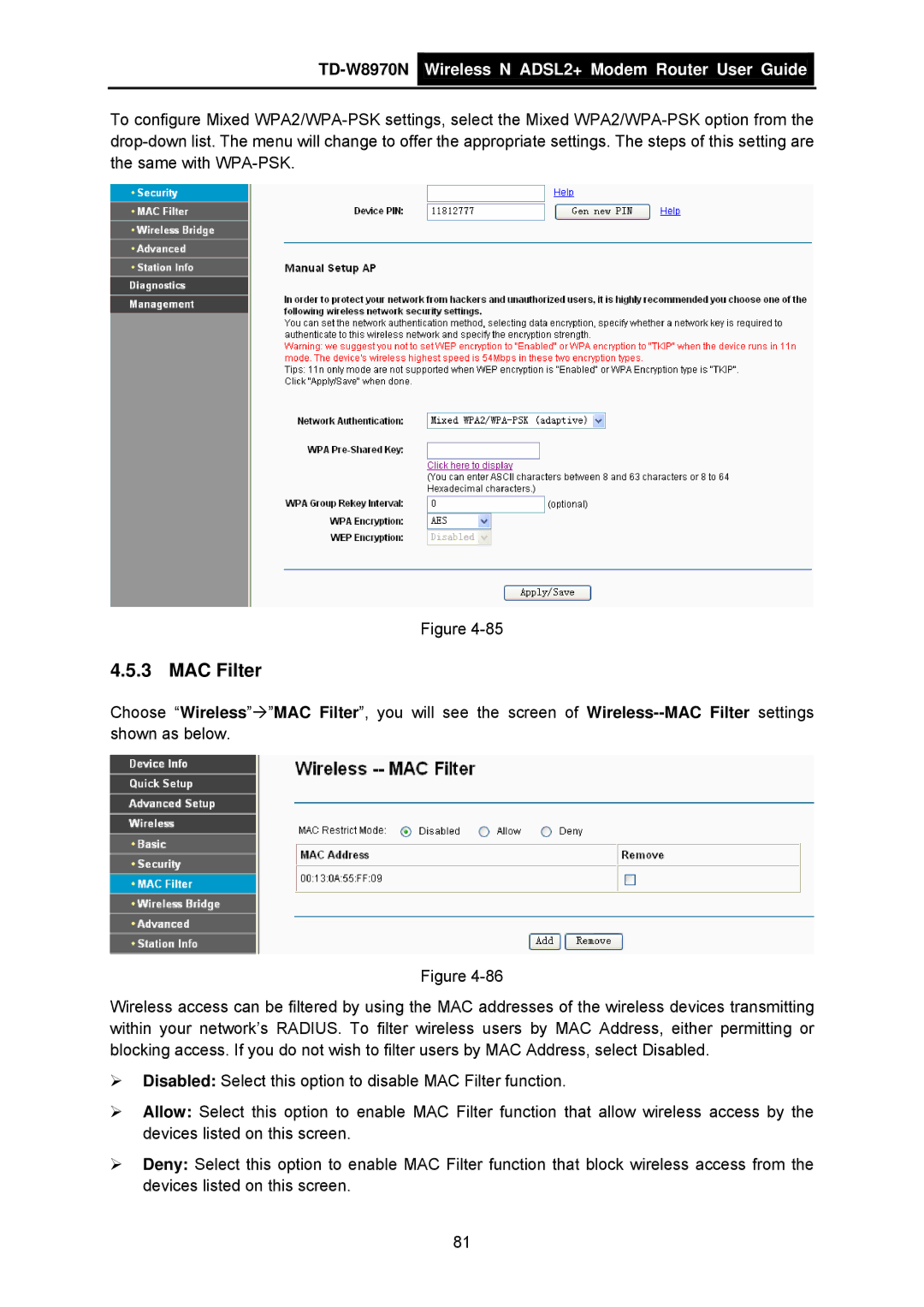 TP-Link TD-W8970N manual MAC Filter 