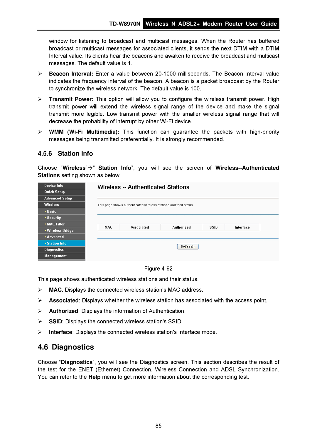 TP-Link TD-W8970N manual Diagnostics, Station info 