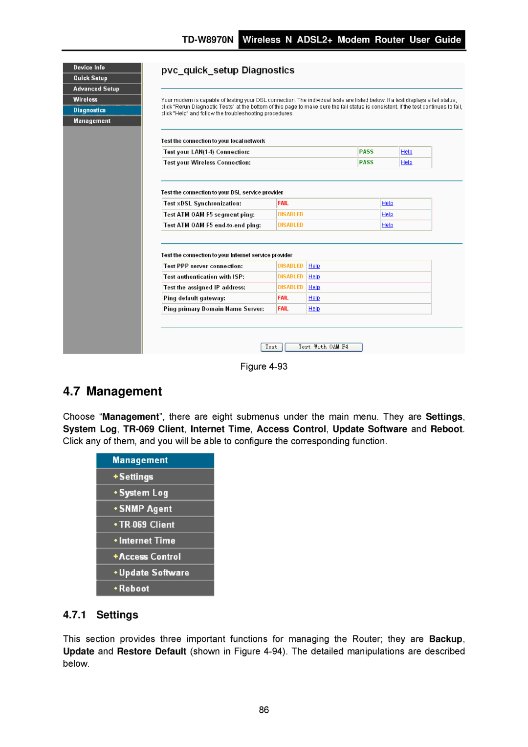 TP-Link TD-W8970N manual Management, Settings 