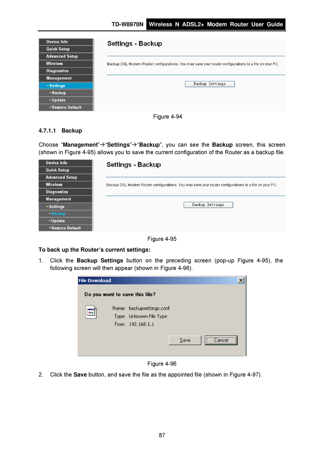 TP-Link TD-W8970N manual Backup, To back up the Router’s current settings 