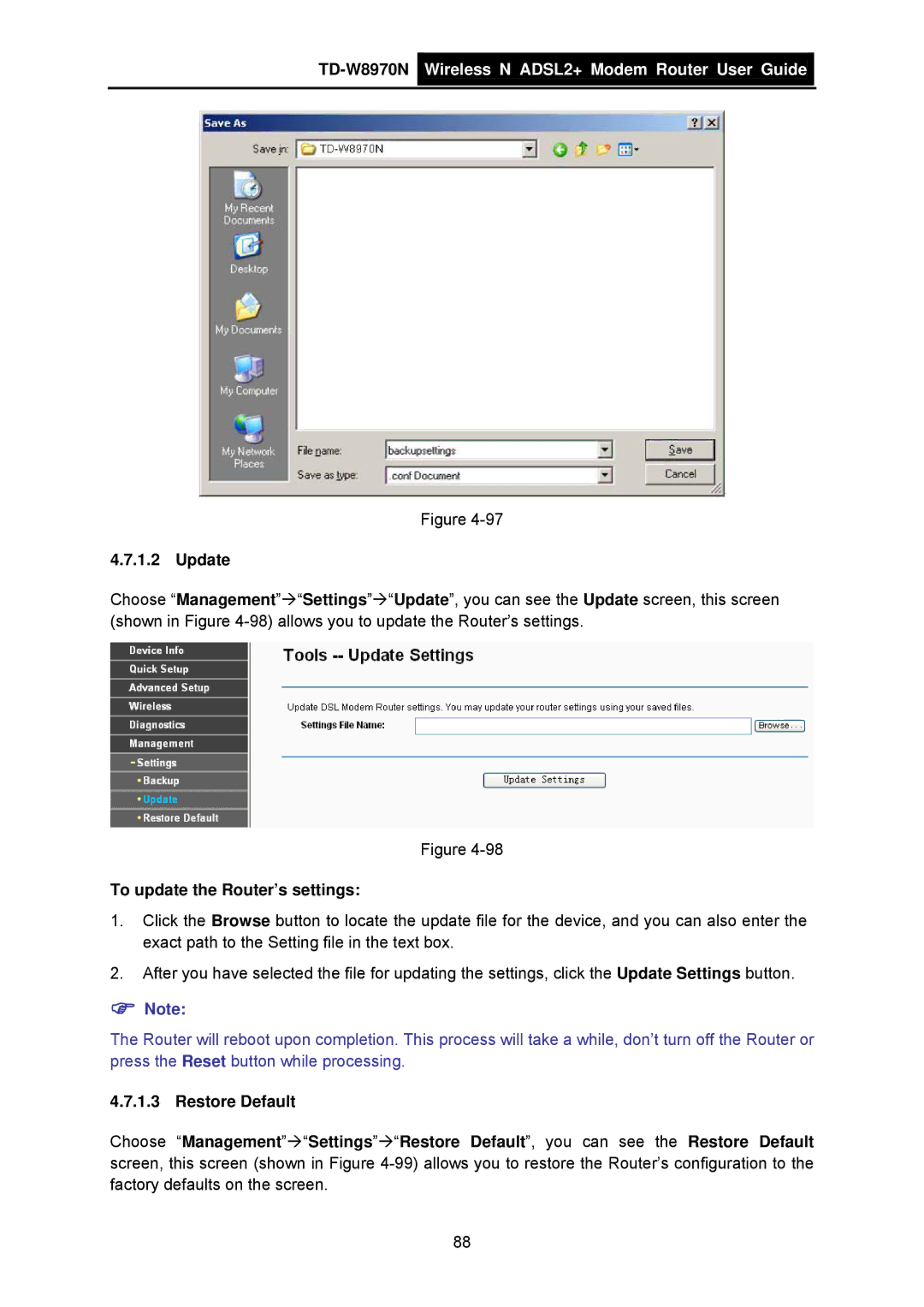 TP-Link TD-W8970N manual Update, To update the Router’s settings 