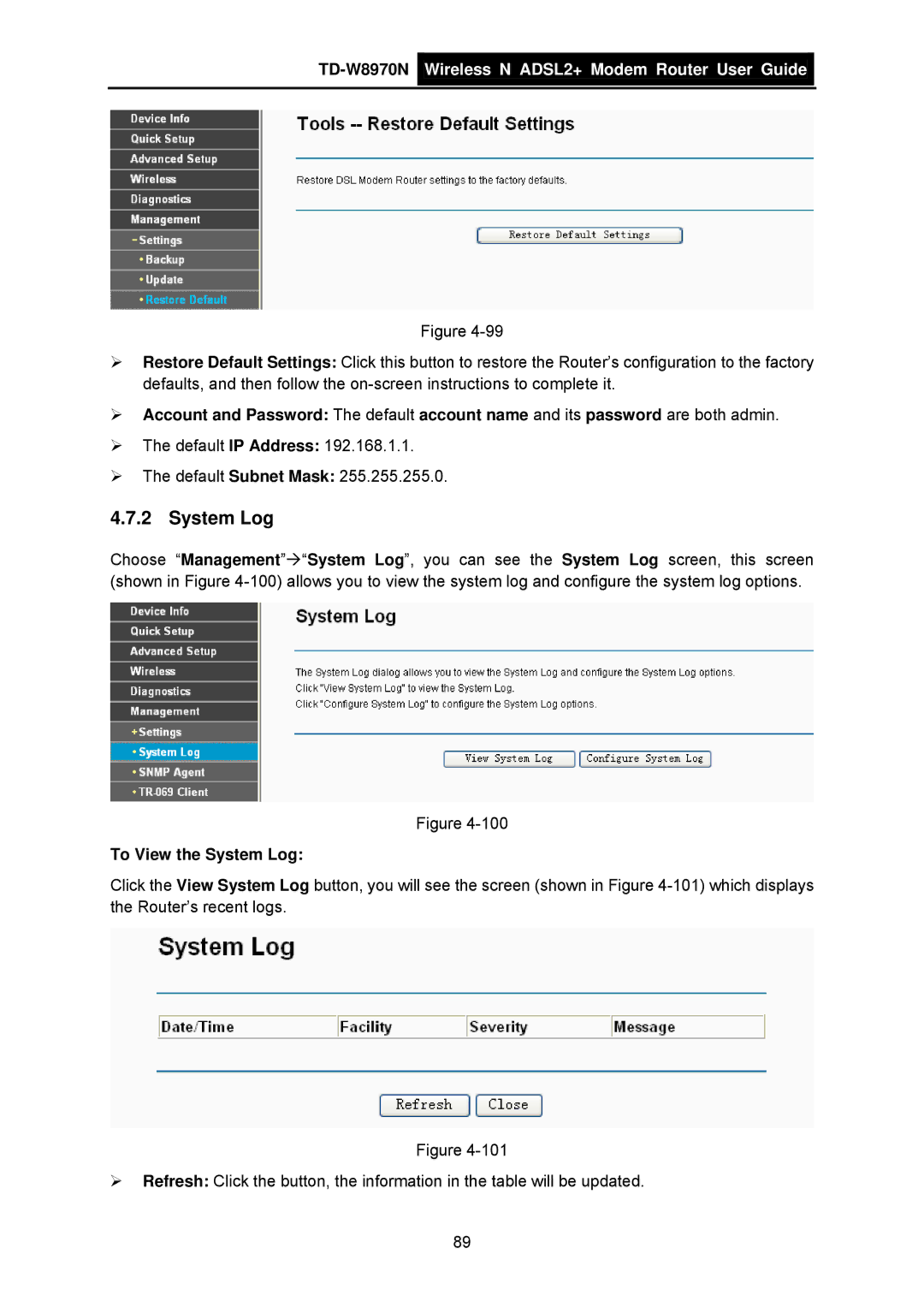 TP-Link TD-W8970N manual To View the System Log 