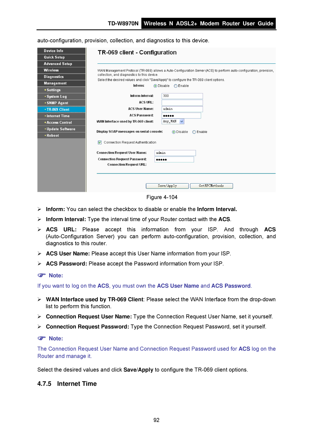 TP-Link TD-W8970N manual Internet Time 