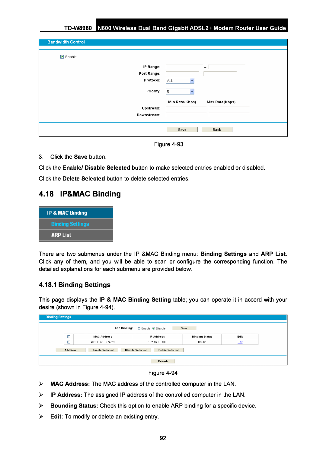 TP-Link TD-W8980 manual 4.18 IP&MAC Binding, Binding Settings 
