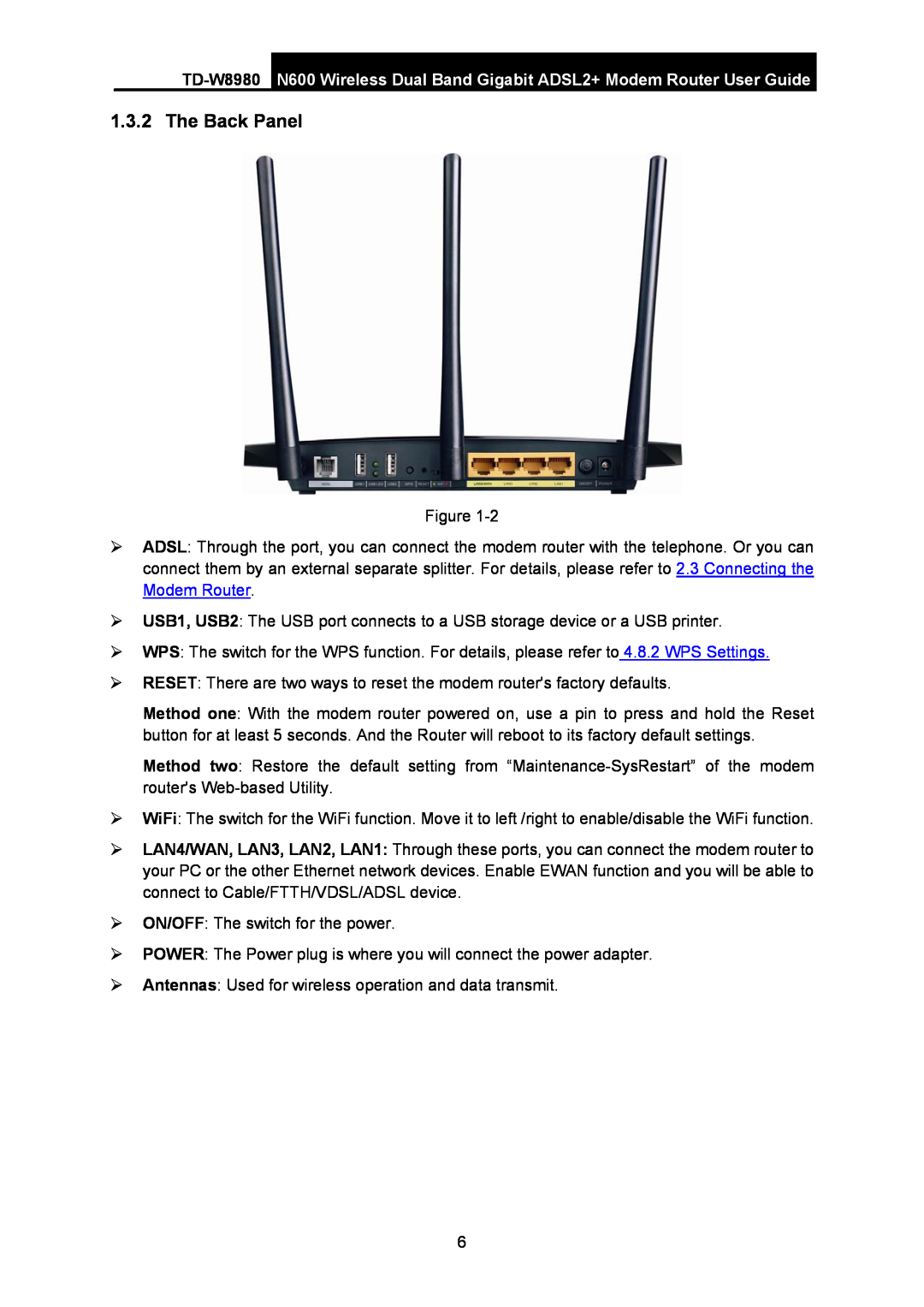 TP-Link TD-W8980 manual The Back Panel, N600 Wireless Dual Band Gigabit ADSL2+ Modem Router User Guide 