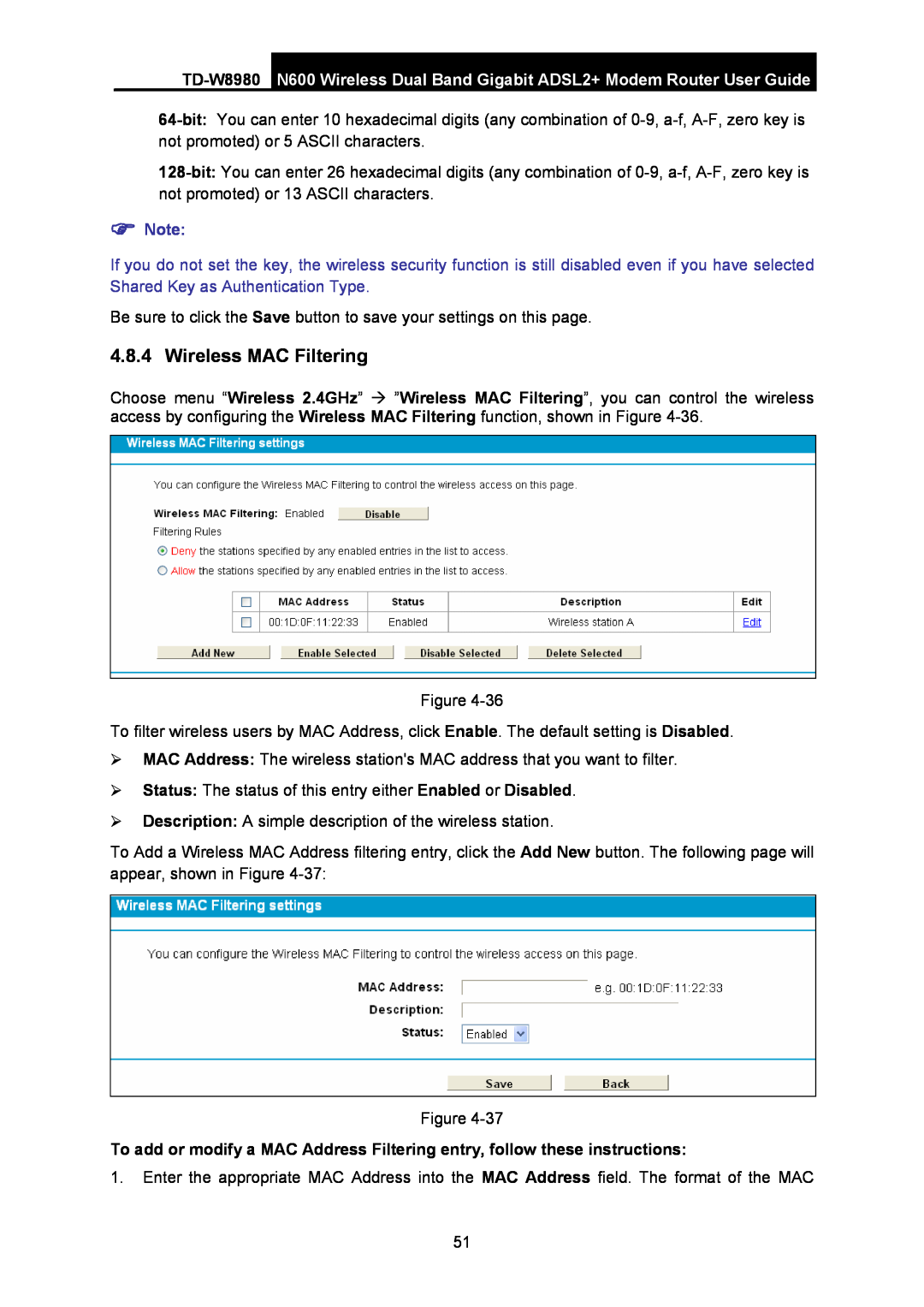TP-Link TD-W8980 manual Wireless MAC Filtering, N600 Wireless Dual Band Gigabit ADSL2+ Modem Router User Guide 