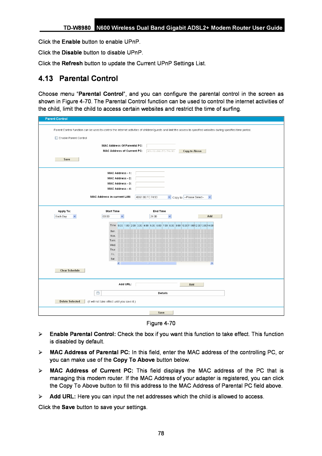 TP-Link TD-W8980 manual Parental Control, N600 Wireless Dual Band Gigabit ADSL2+ Modem Router User Guide 