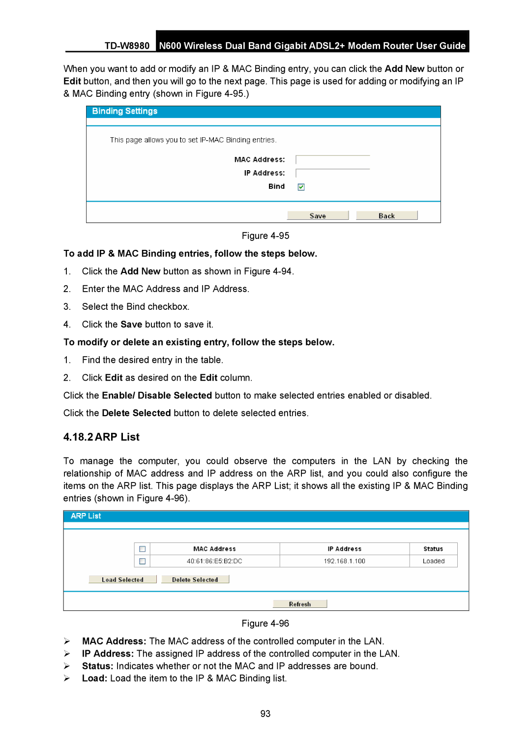 TP-Link TD-W8980 manual ARP List, To add IP & MAC Binding entries, follow the steps below 