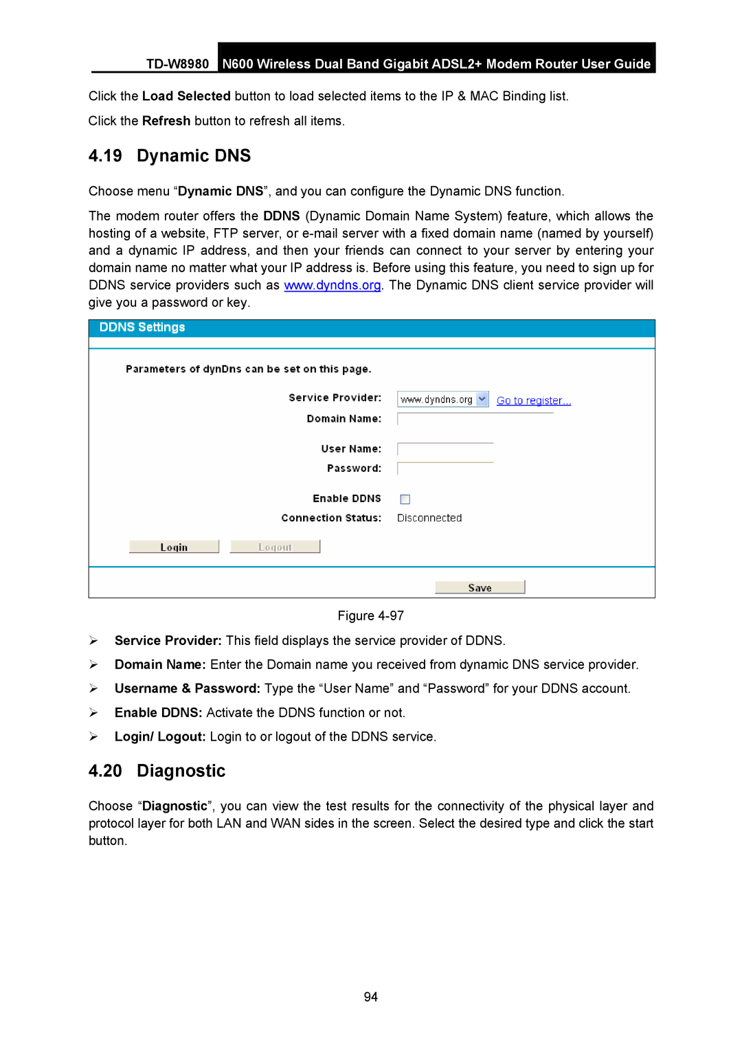 TP-Link TD-W8980 manual Dynamic DNS, Diagnostic 