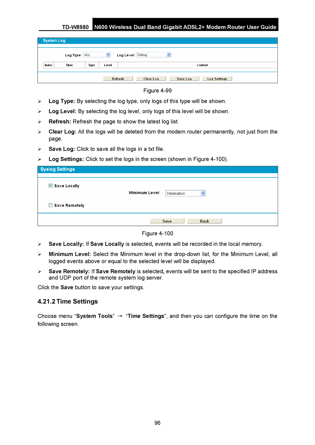 TP-Link TD-W8980 manual Time Settings 