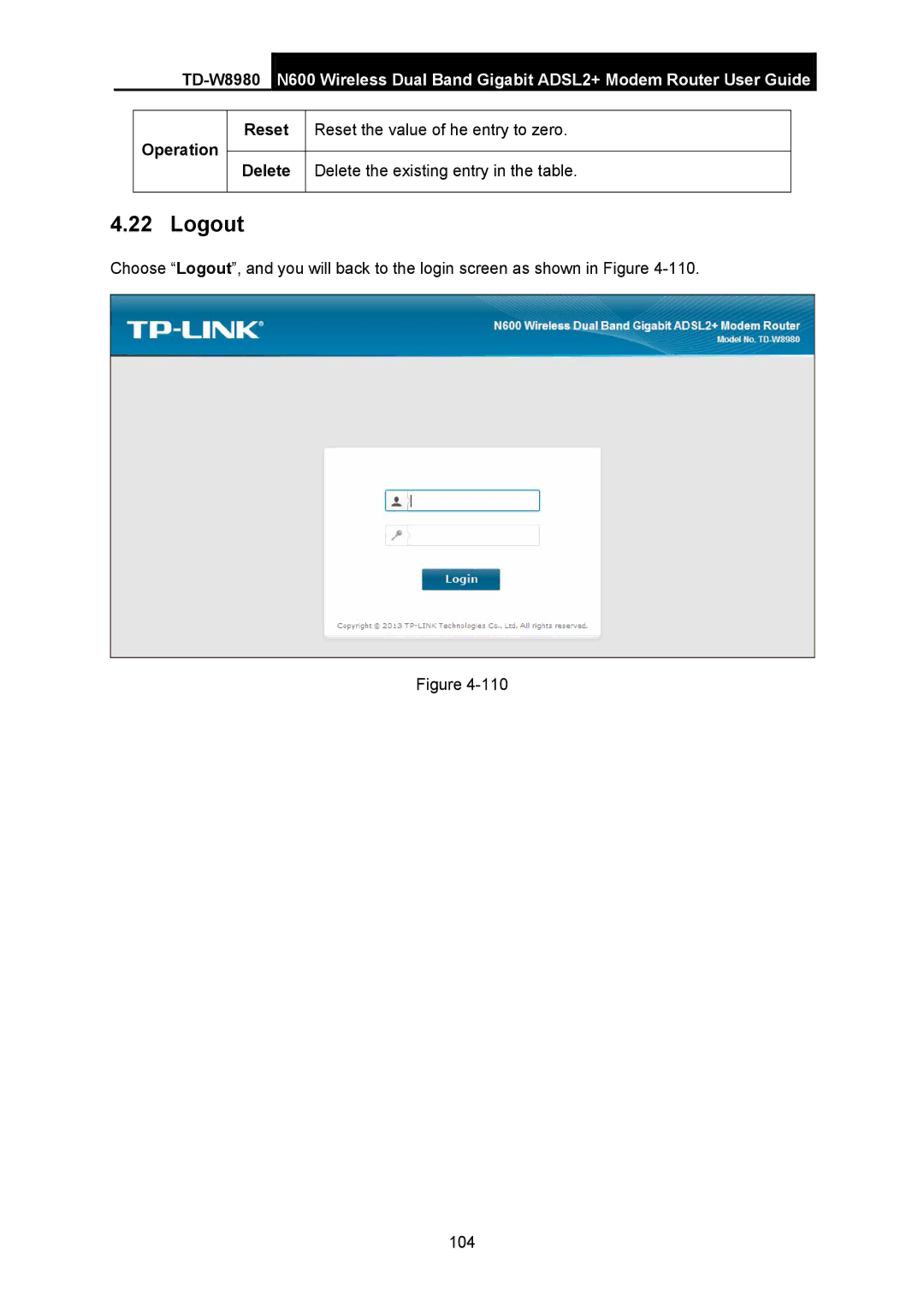 TP-Link TD-W8980 manual Logout, Operation Reset 