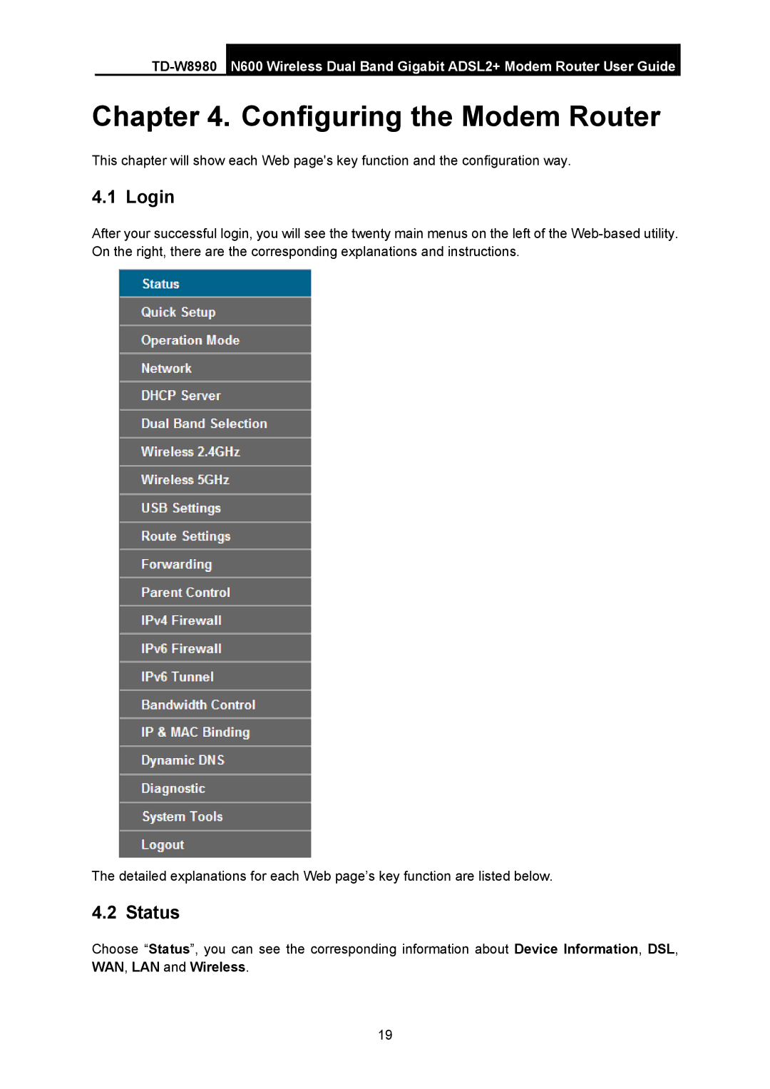 TP-Link TD-W8980 manual Login, Status 