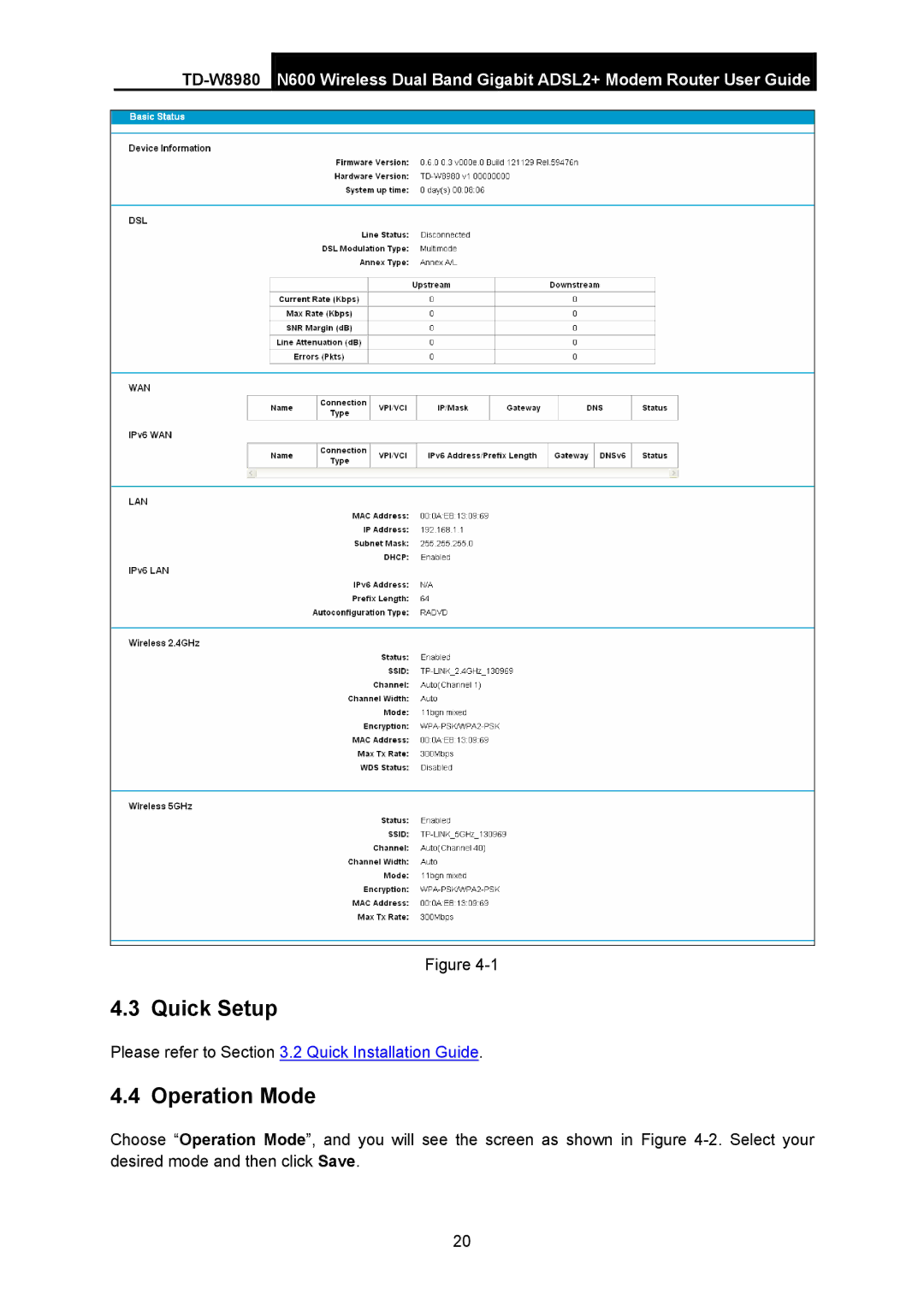 TP-Link TD-W8980 manual Quick Setup, Operation Mode 