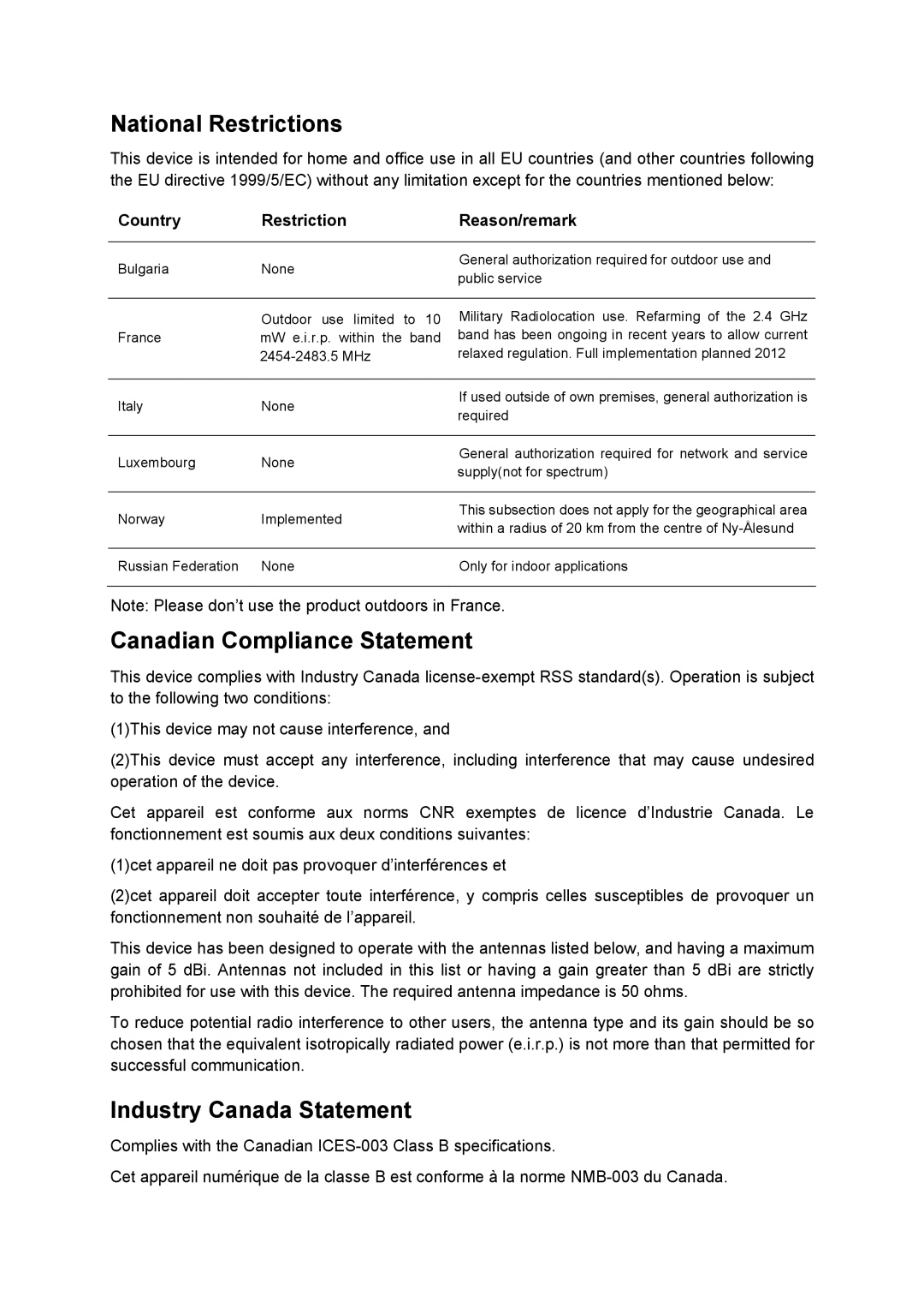 TP-Link TD-W8980 manual National Restrictions, Country Restriction Reason/remark 