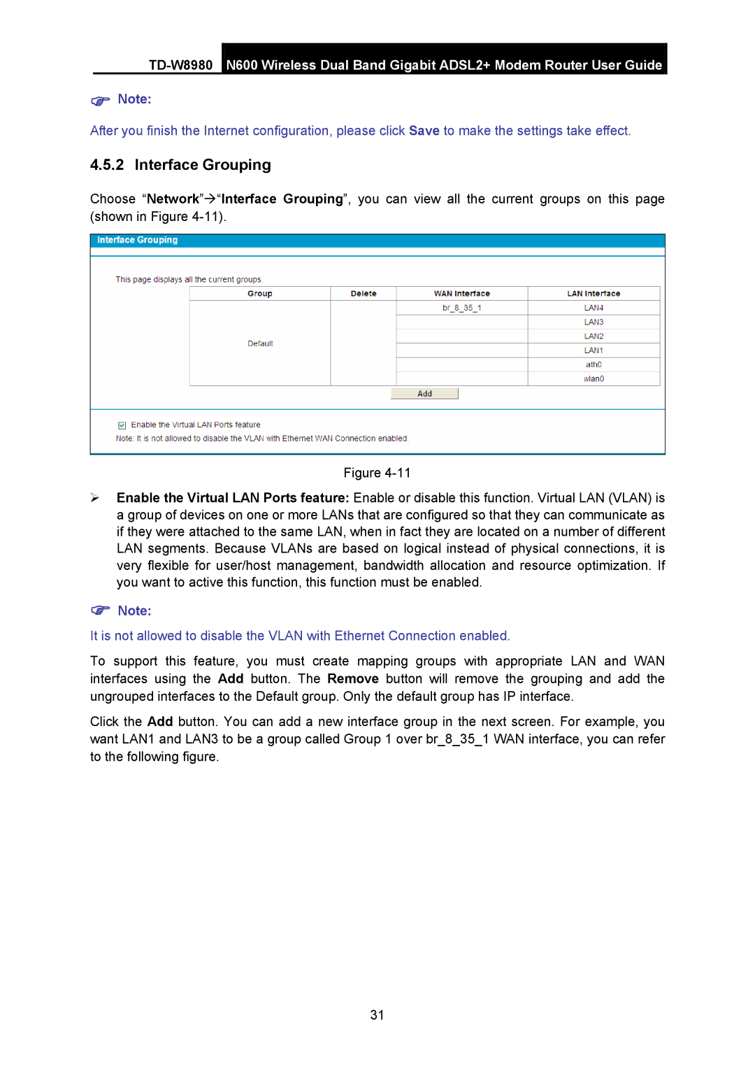 TP-Link TD-W8980 manual Interface Grouping 