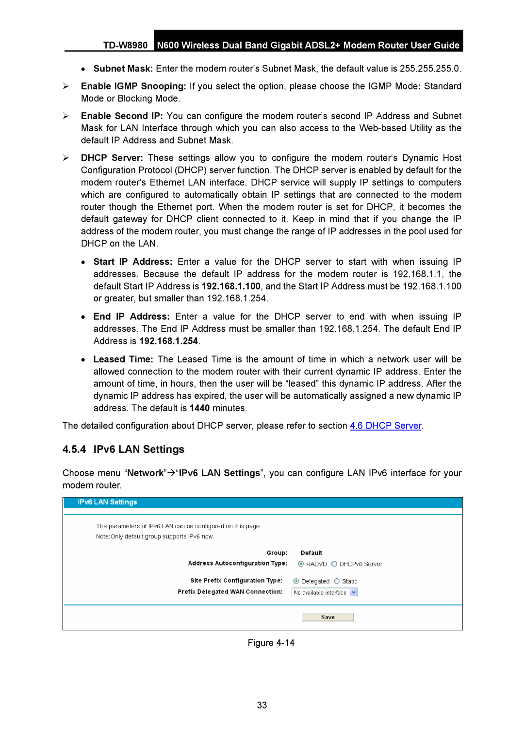 TP-Link TD-W8980 manual 4 IPv6 LAN Settings 