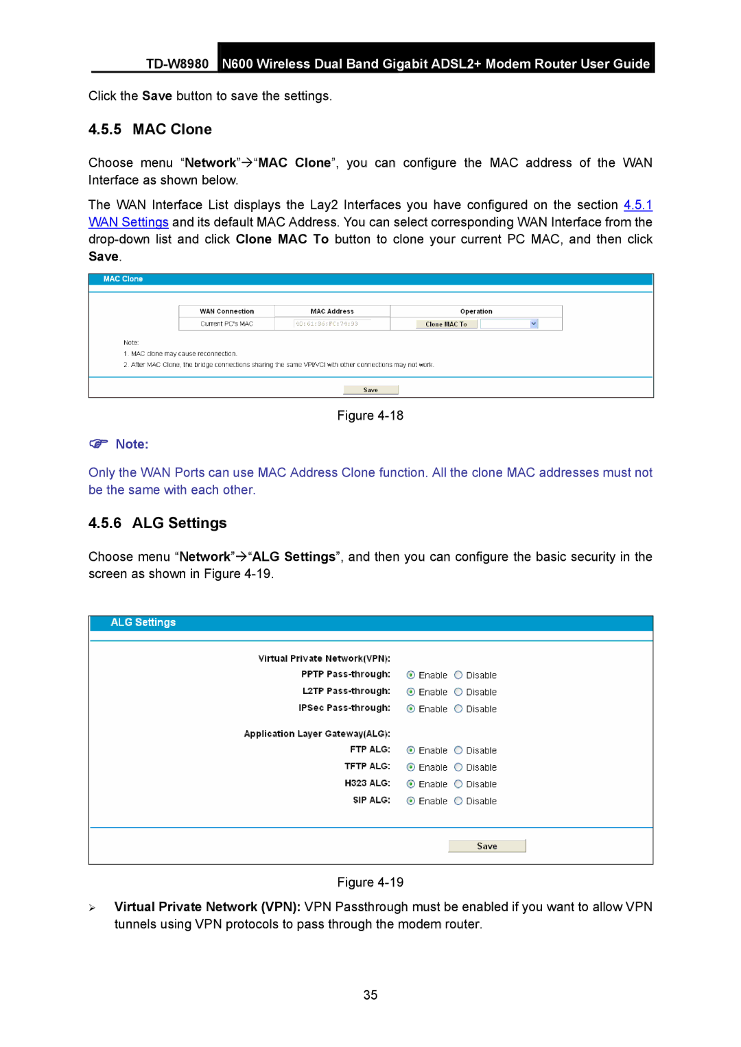 TP-Link TD-W8980 manual MAC Clone, ALG Settings 