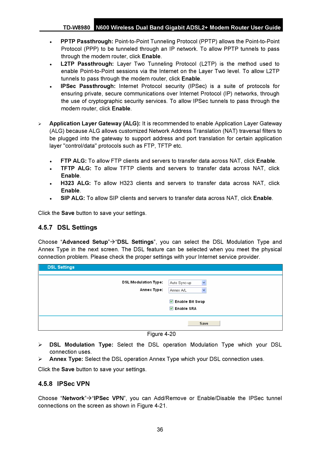 TP-Link TD-W8980 manual DSL Settings, IPSec VPN 