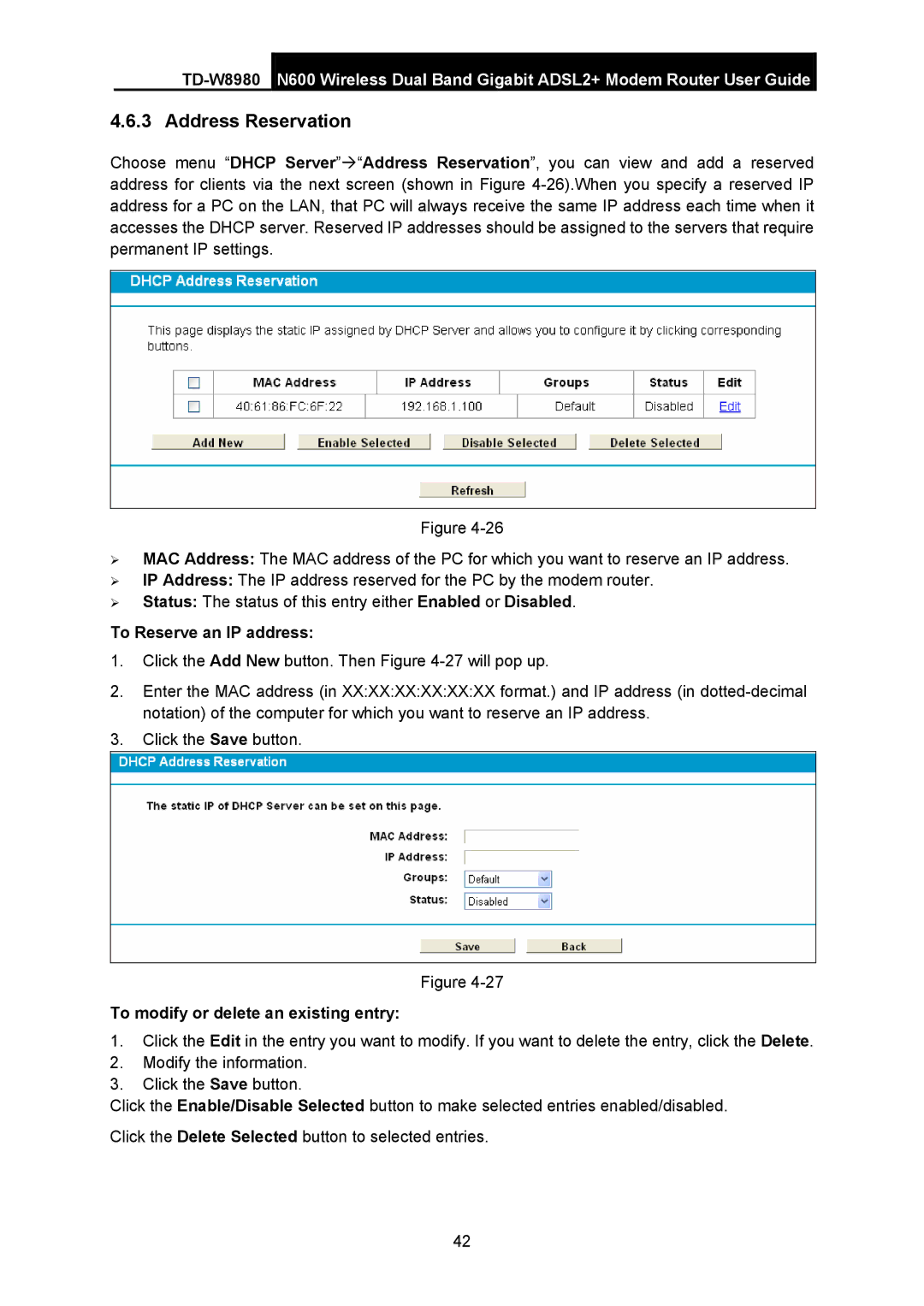 TP-Link TD-W8980 manual Address Reservation, To Reserve an IP address, To modify or delete an existing entry 