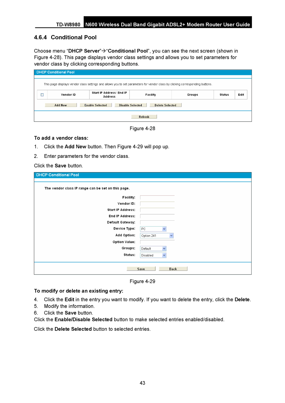 TP-Link TD-W8980 manual Conditional Pool, To add a vendor class 